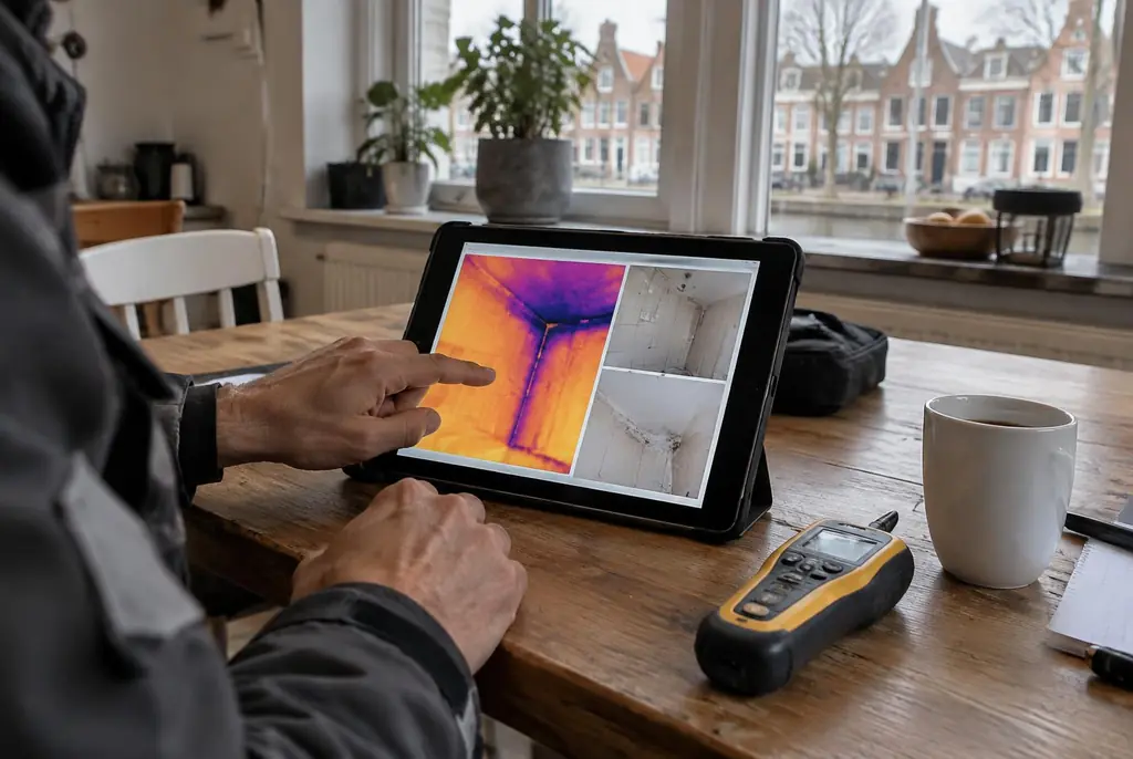 Lekdetectie Twello – lekdetectierapport met warmtebeelden en foto's op een tablet