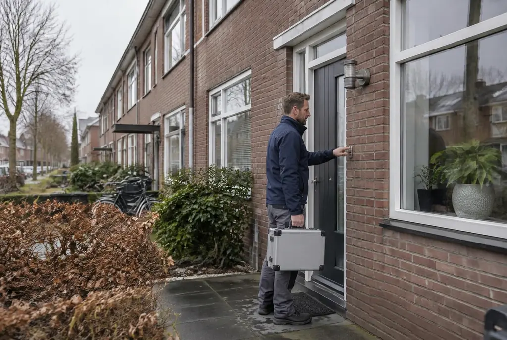 Lekdetectiespecialist met meetkoffer bij de voordeur van een woning in Twello
